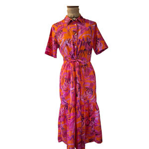 Vilagallo pink and orange tropical floral short sleeve tiered maxi dress L